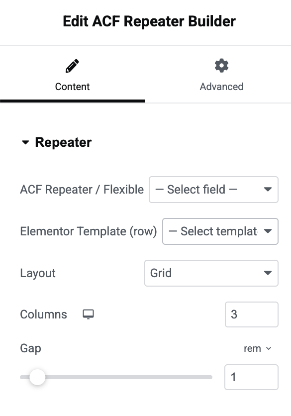 **ACF Repeater Builder** — map a Repeater or Flexible field, pick an Elementor template for each row, and lay out items in a grid (columns, gap, responsive controls).
