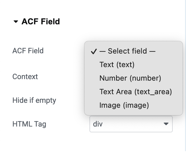 **More field types in one widget** — ACF Field dropdown including Text, Number, Text Area, and Image, plus control of the output HTML tag.