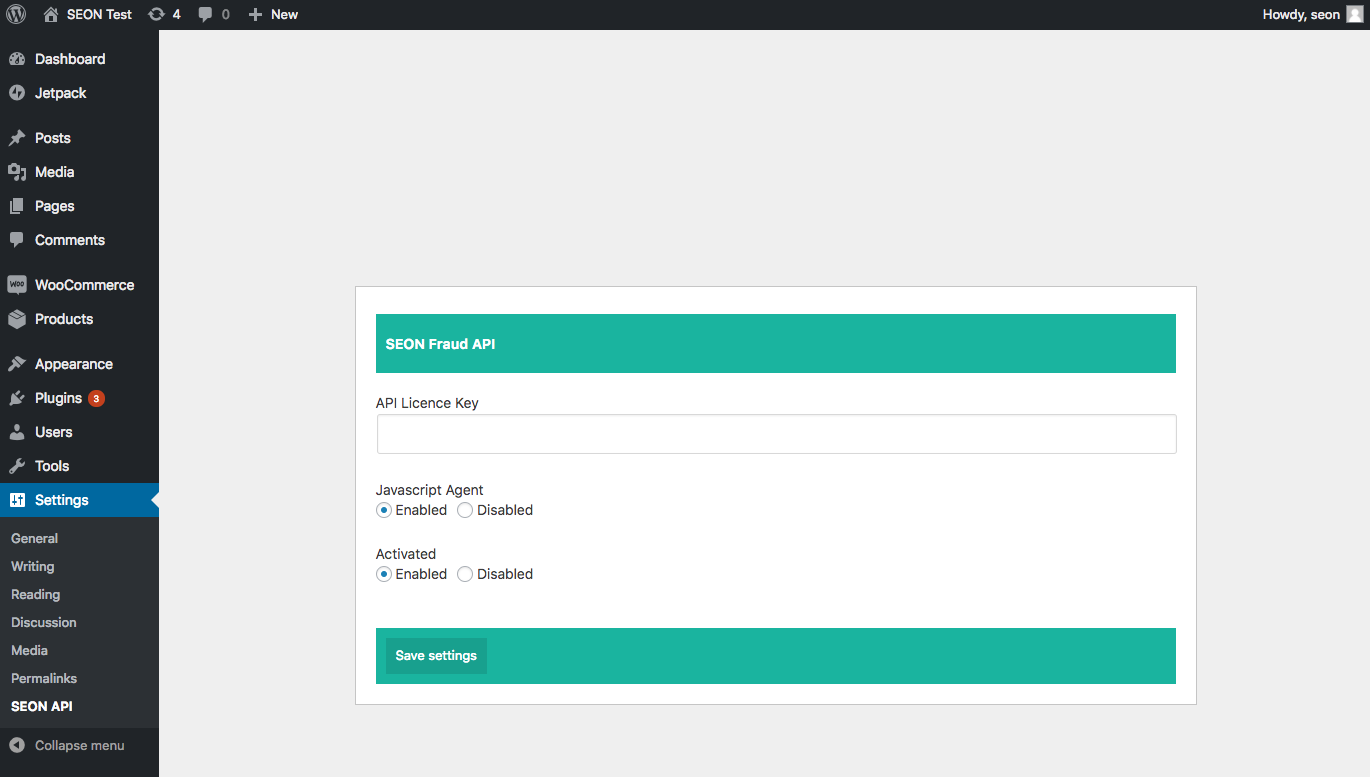 SEON API settings