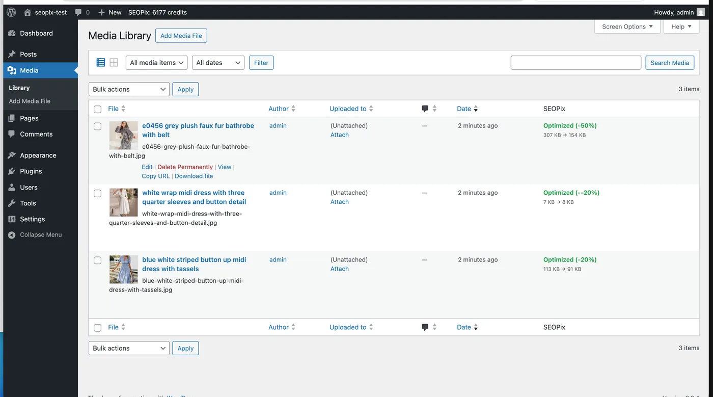 Media Library with SEOPix column showing optimization status