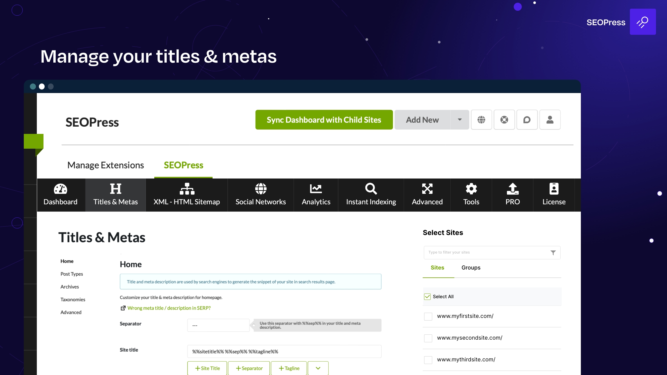 Manage you titles and metas - SEOPress for MainWP