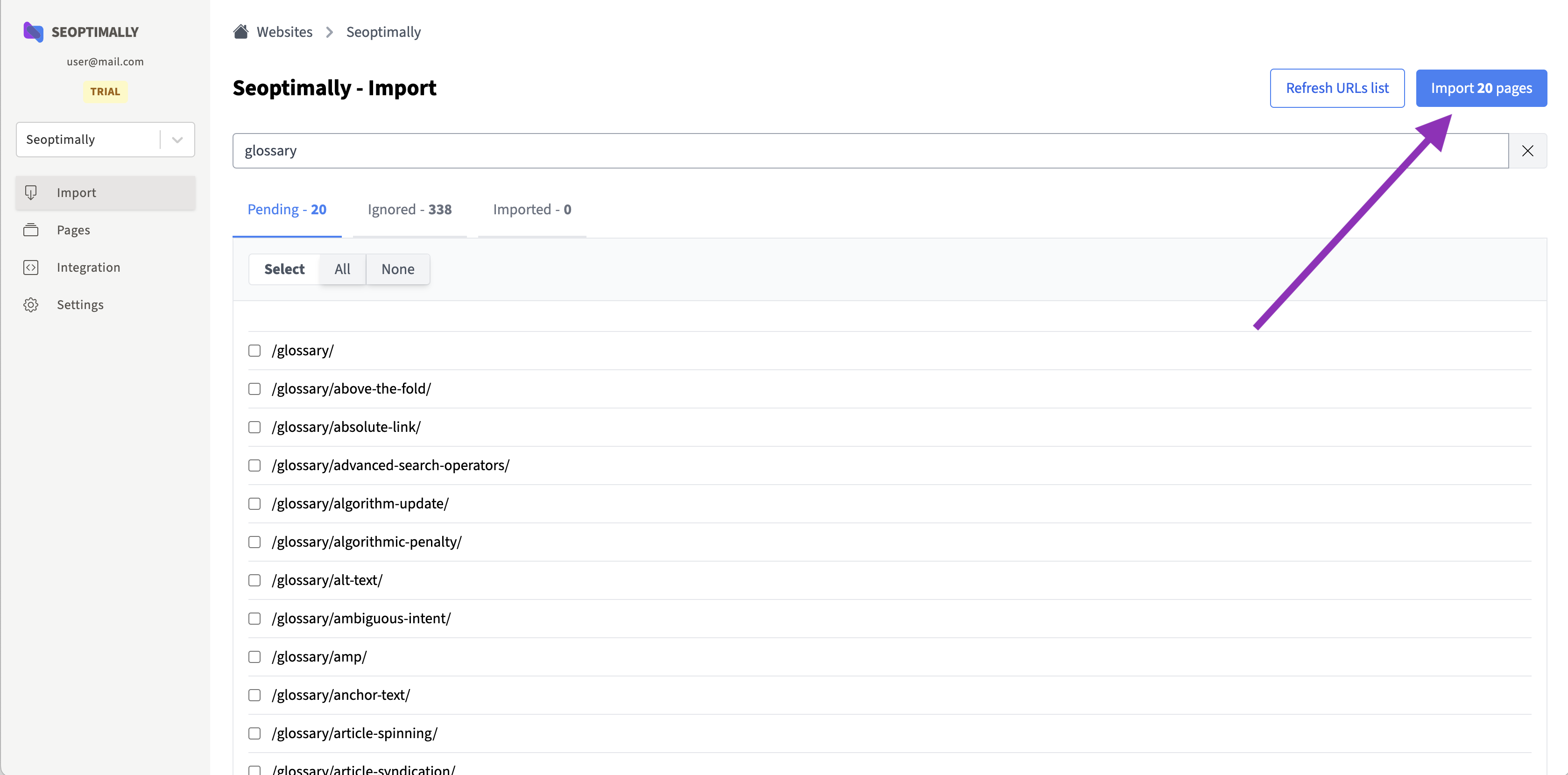 ![Import Sitemap](https://seoptimally.com/screenshots/import-sitemap.png) – Importing the website's sitemap.