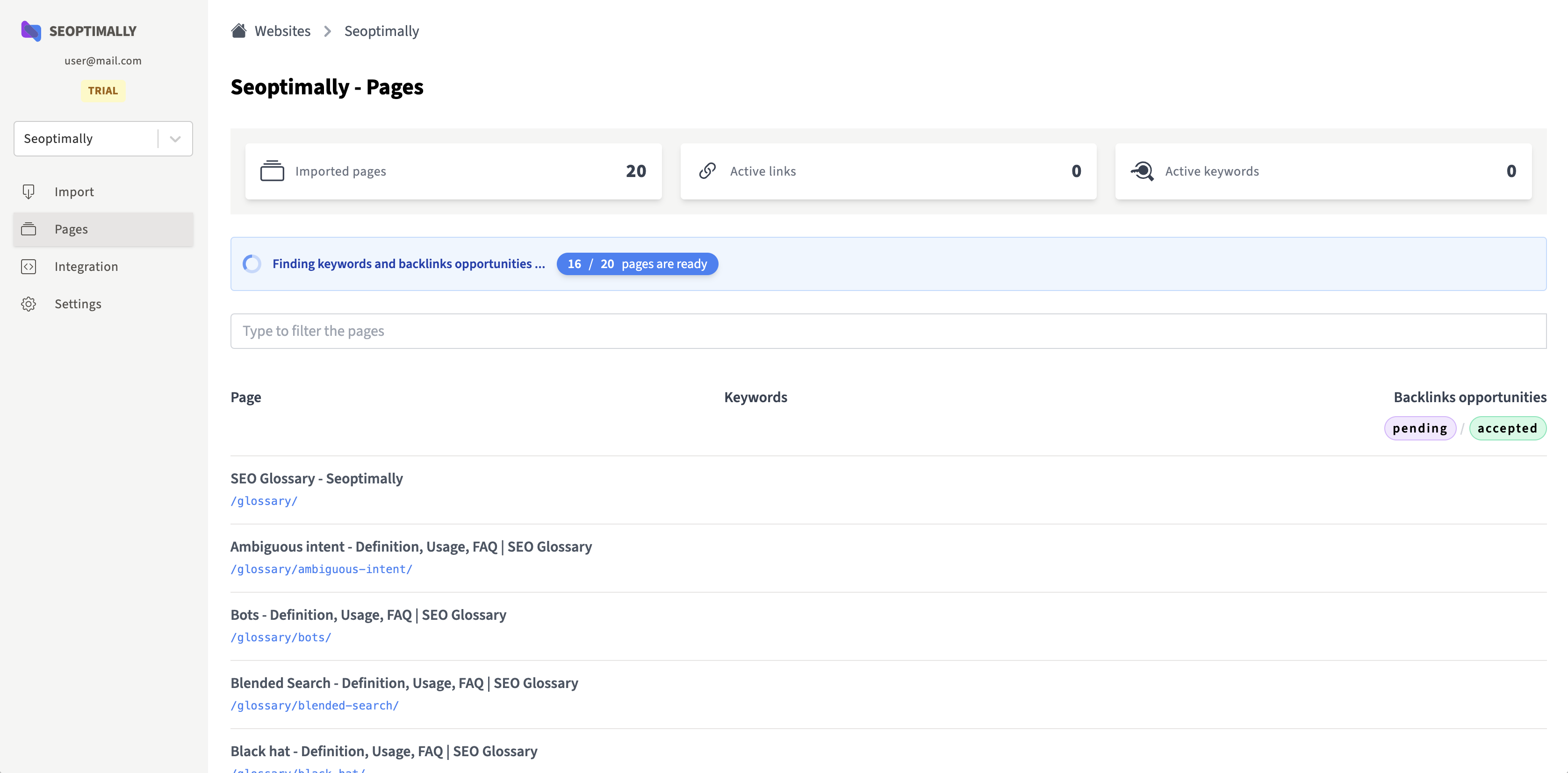 ![Import Pages](https://seoptimally.com/screenshots/import-pages.png) – Importing pages for internal linking.