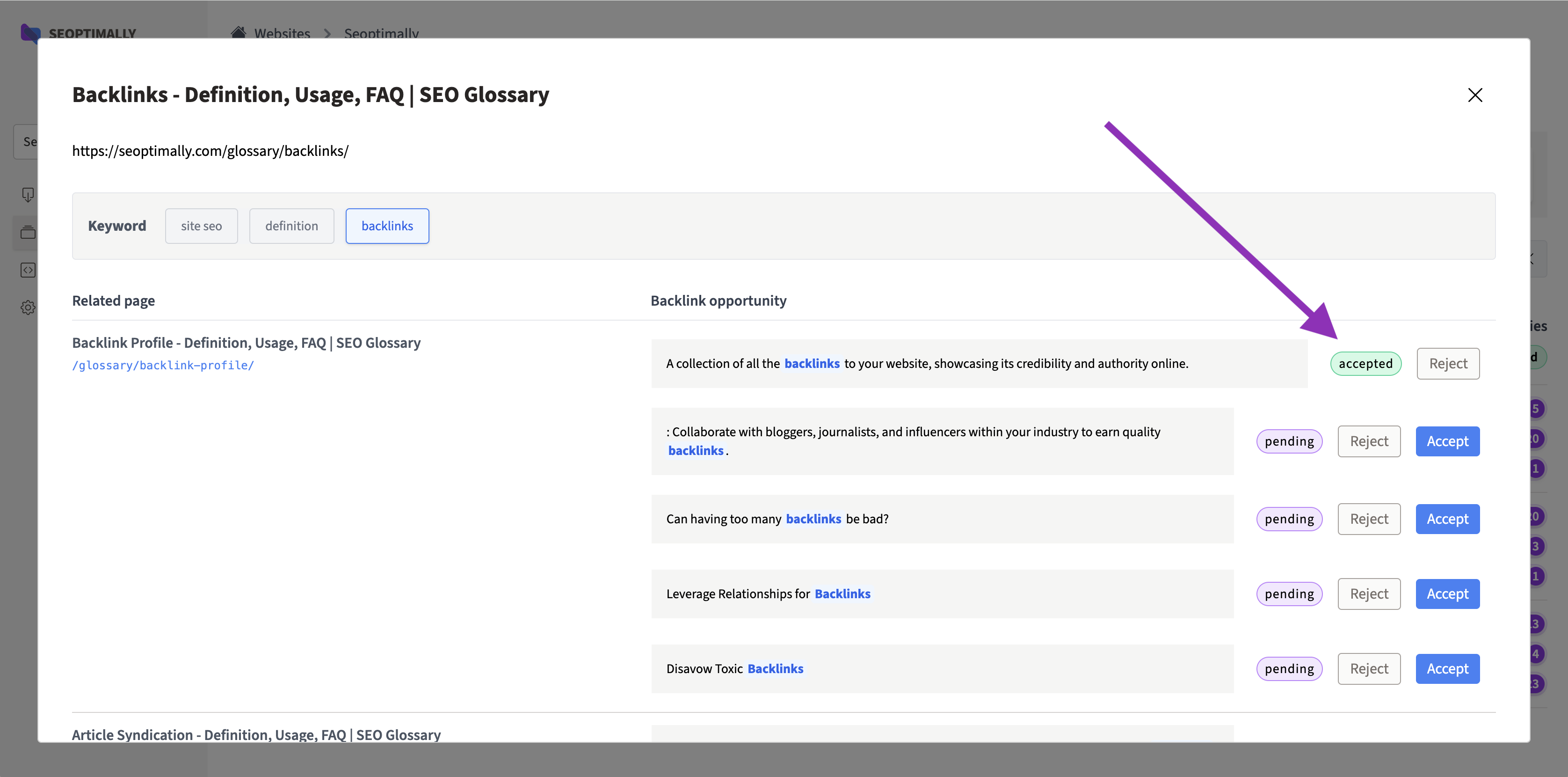 ![Review Internal Links](https://seoptimally.com/screenshots/review-internal-links.png) – Reviewing created internal links.