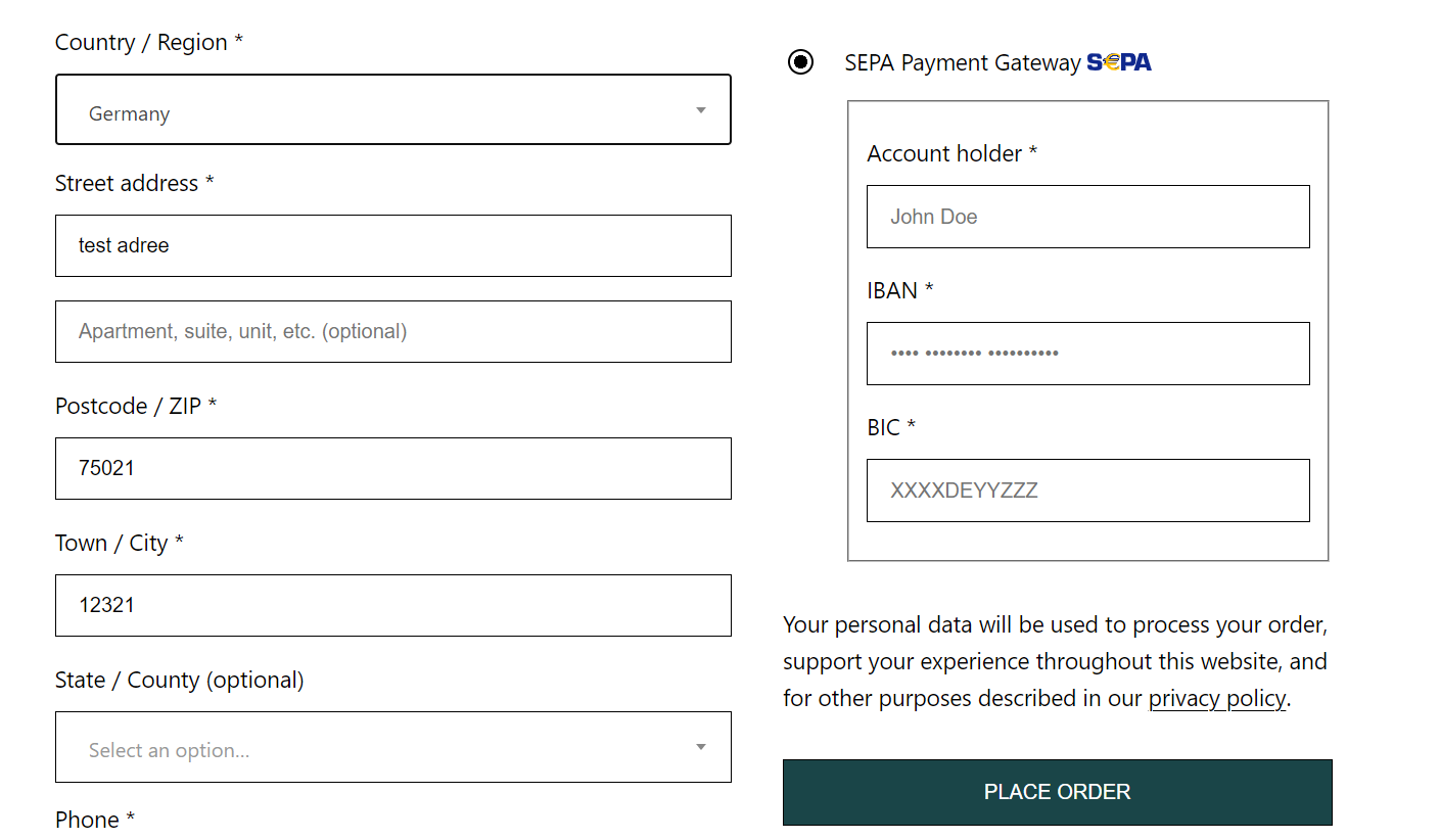 Method "SEPA Payment Gateway" on page checkout