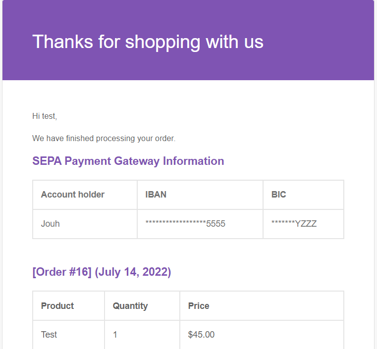 Info "SEPA Payment Gateway" in email
