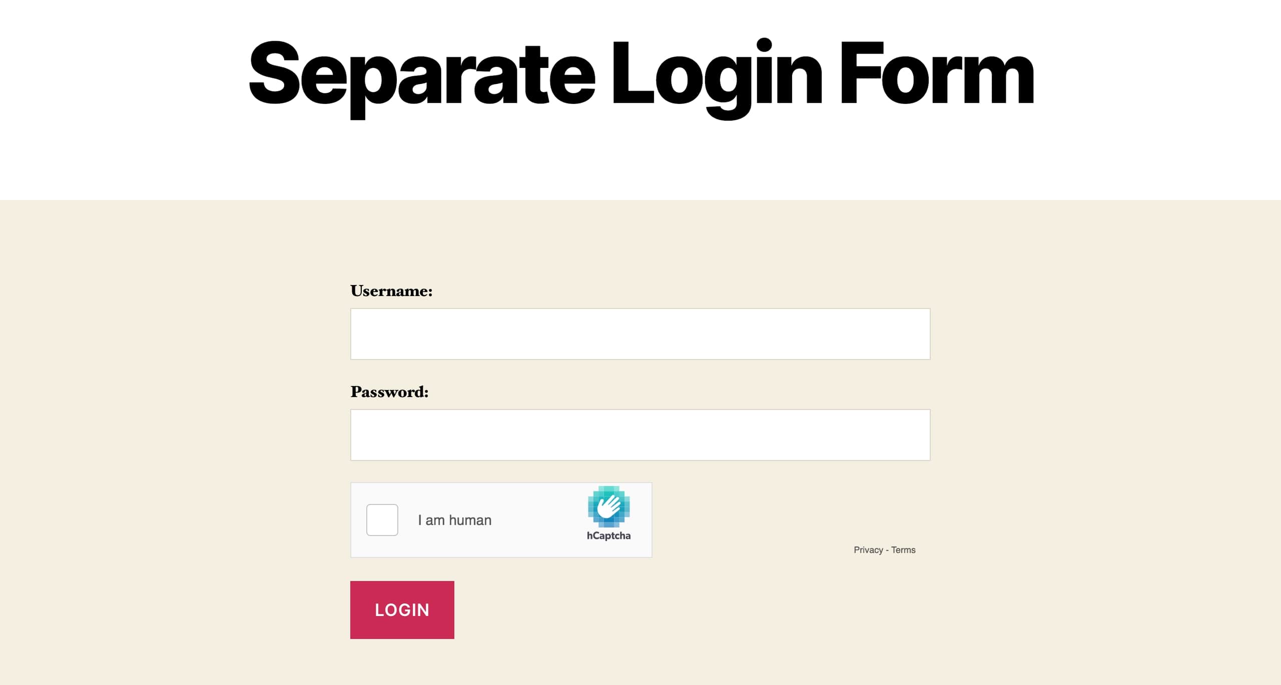 Separate Login Form with captcha running on Twenty Twenty theme.