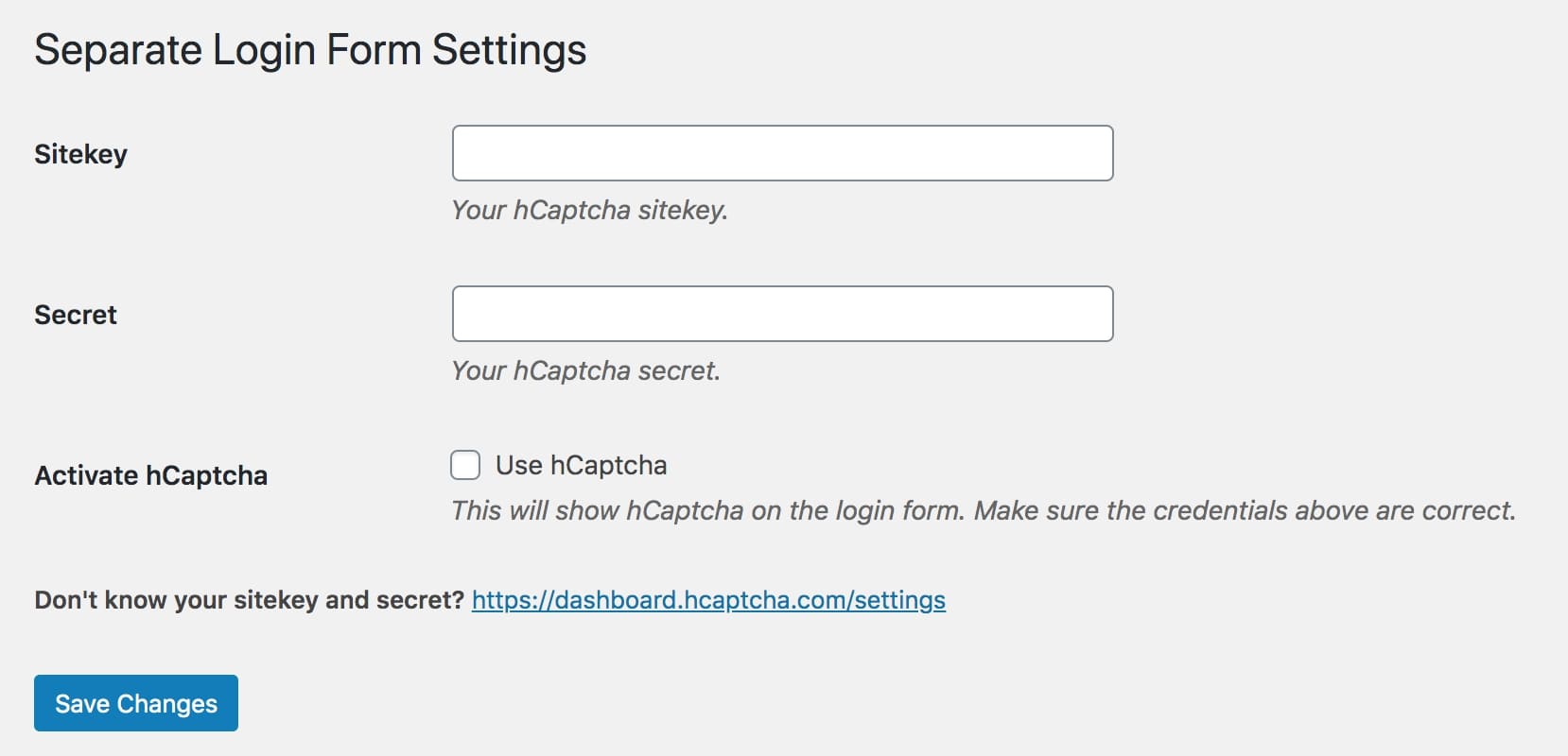 Separate Login Form captcha credentials and settings.