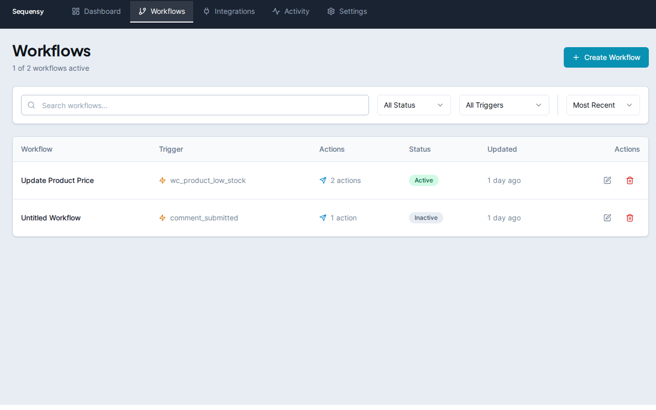 Workflows list with search, filters, and status badges
