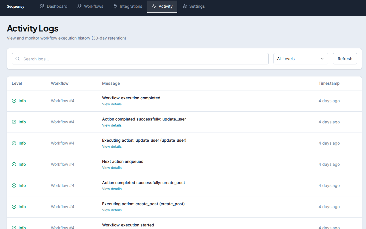 Activity log for monitoring workflow executions