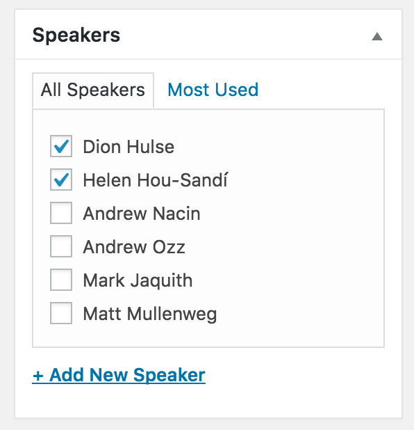 Speakers are added to episodes in the same way as any other taxonomy