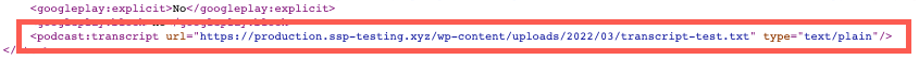 Plugin automatically adds a podcast:transcript tag to your RSS feed.