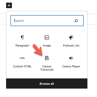 Also, you can add a Gutenberg "Castos Transcripts" block.