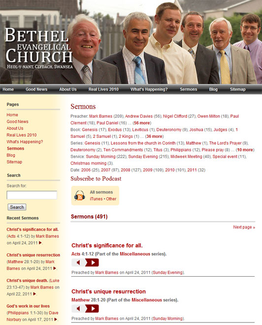 **Displaying sermons on your website:** This first screen shot shows how Sermon Browser looks on your site. You can see one of the widgets in the left-hand sidebar, together with the main sermons page showing the one-click filter/search. Each of the sermons has an MP3 files attached, this can be played without leaving the site.