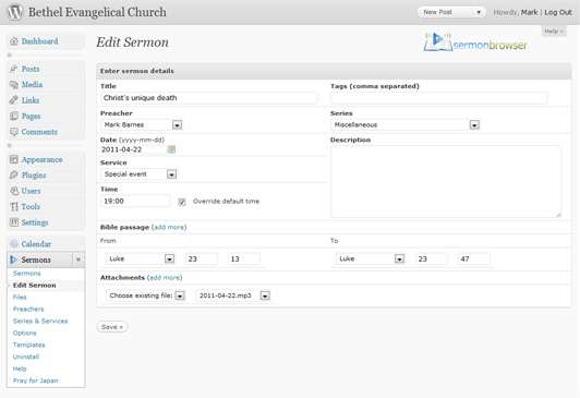 **Editing a sermon:** You can see a wide variety of information can be entered, including the bible passage being preached on, and any files linked to the sermon. Any number of Bible passages can be included, and any number of files (e.g. you could attach an mp3 file for the audio recording, a powerpoint file, and a PDF of the sermon text).