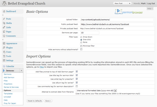 **The options page:** You can customise SermonBrowser through this option page. At the bottom of the screen are the settings that allow you to customise how MP3 ID3 tags will be imported.
