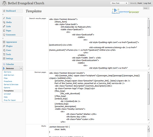 **Using the template facility:** The powerful templating facility means that with a little knowledge of HTML, CSS, and the Sermon Browser template tags, you can easily adapt Sermon Browser's output to suit your own requirements. SermonBrowser produces valid XHTML code, using semantically correct markup and is fully standards compliant.