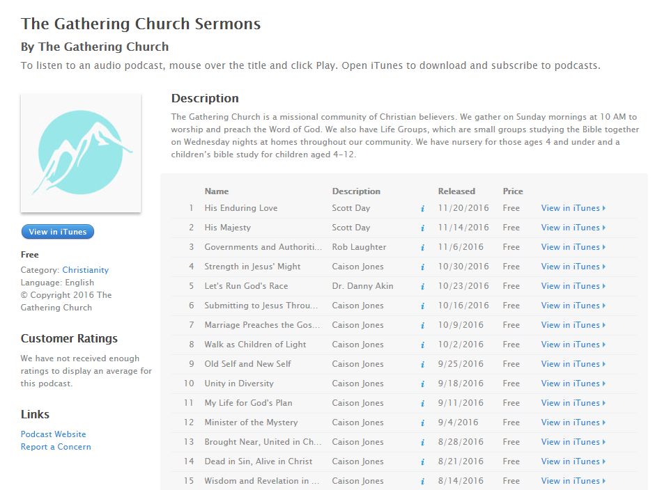 Example of a podcast feed generated by iTunes Podcast for Church Theme Content.