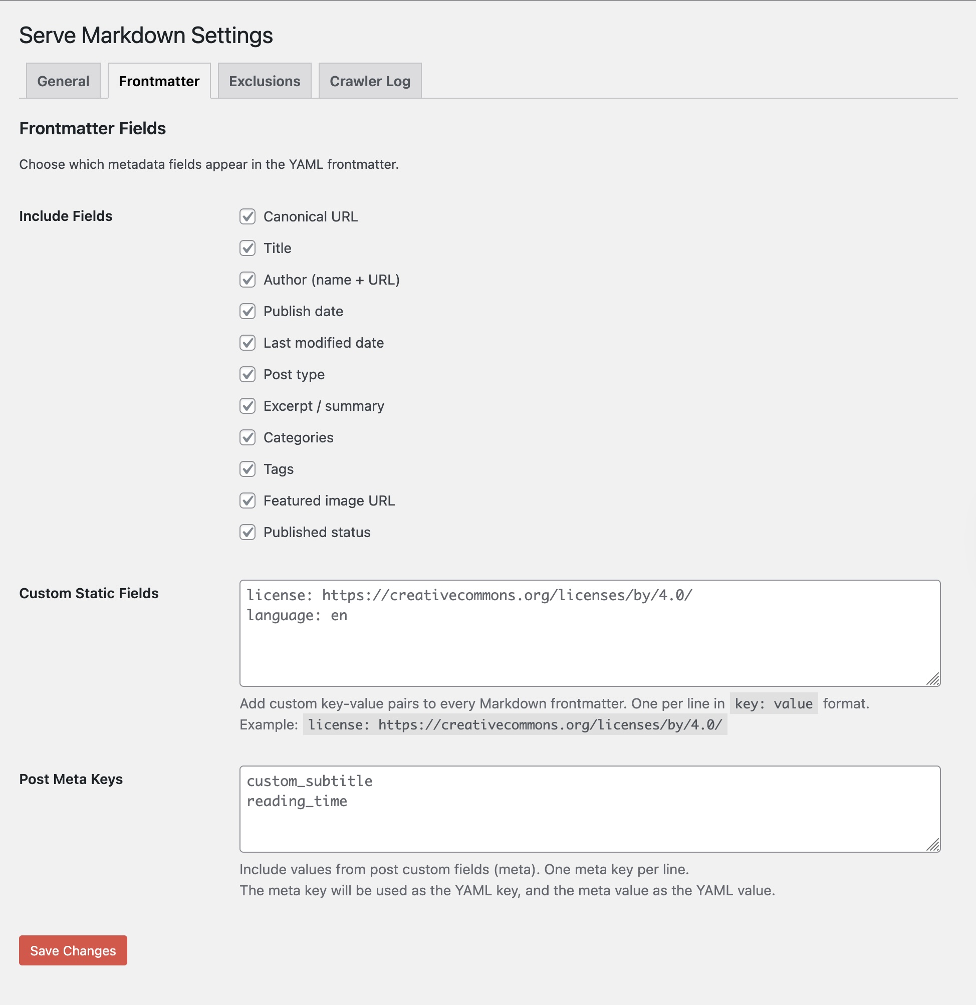 Frontmatter settings — control metadata fields and add custom fields.