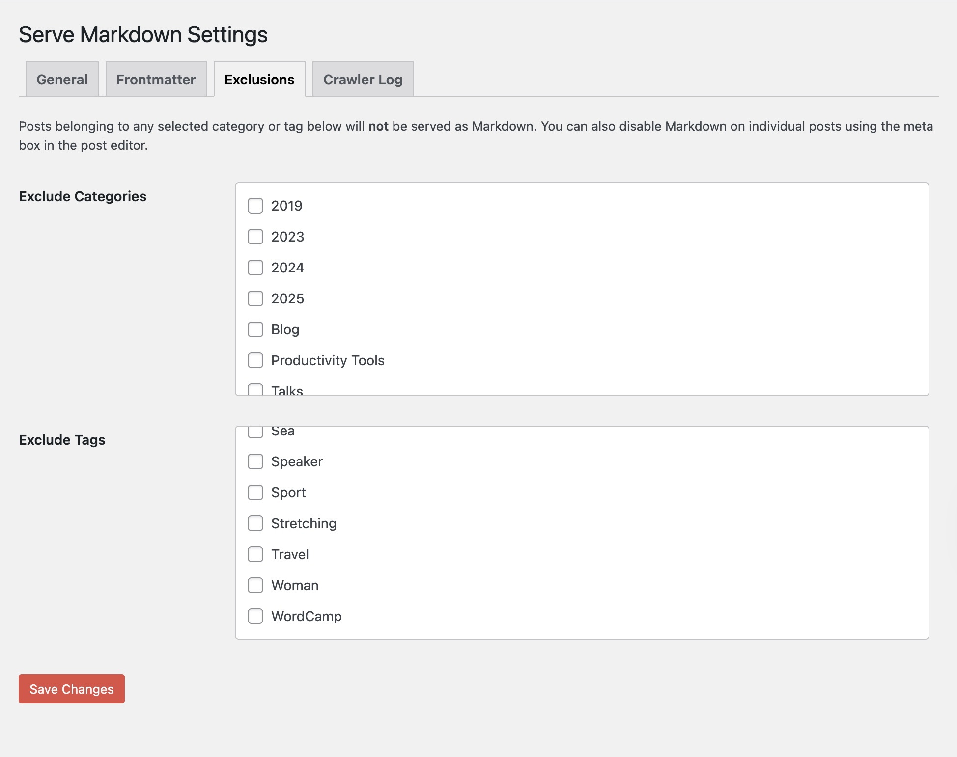 Exclusions — block categories, tags, or individual posts.