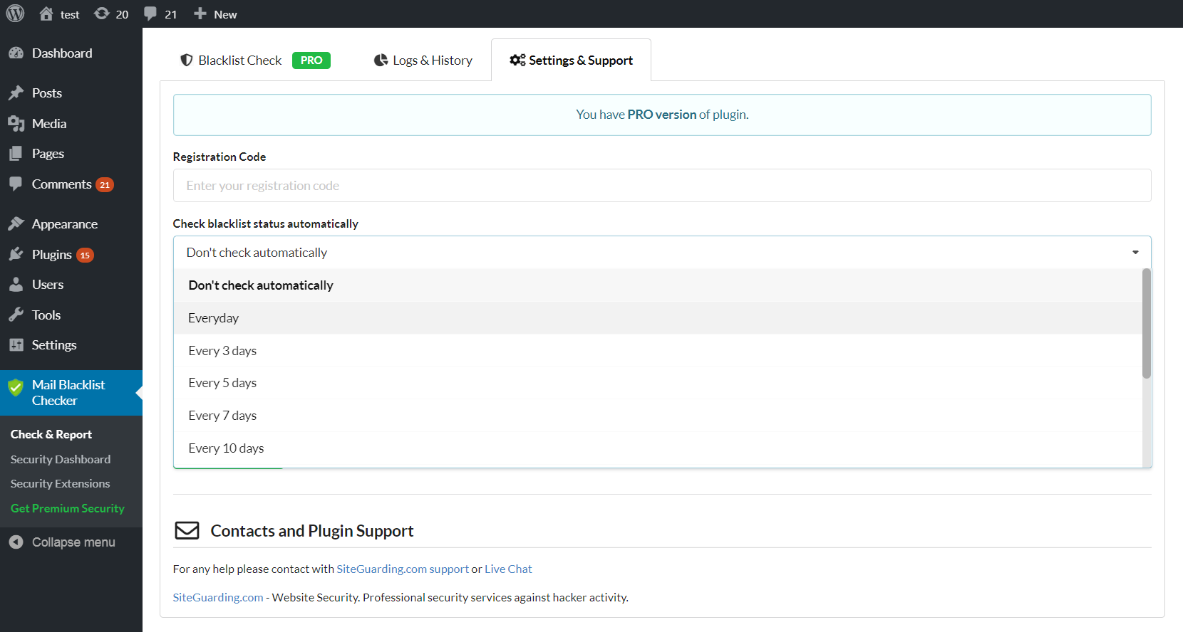 Settings page (automatic scheduled check)