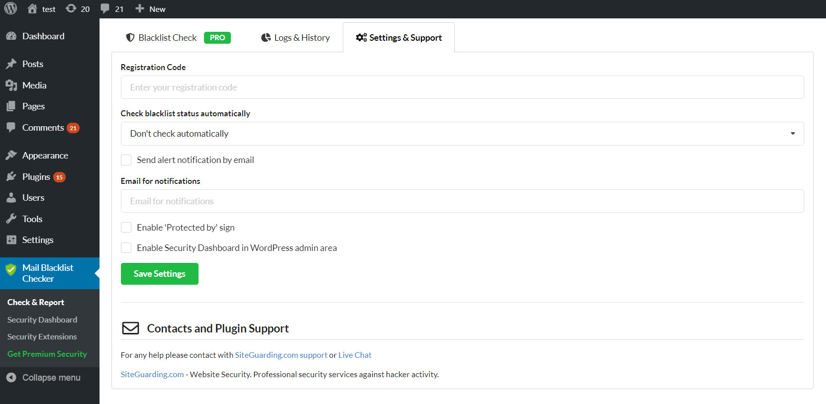 Settings page all options