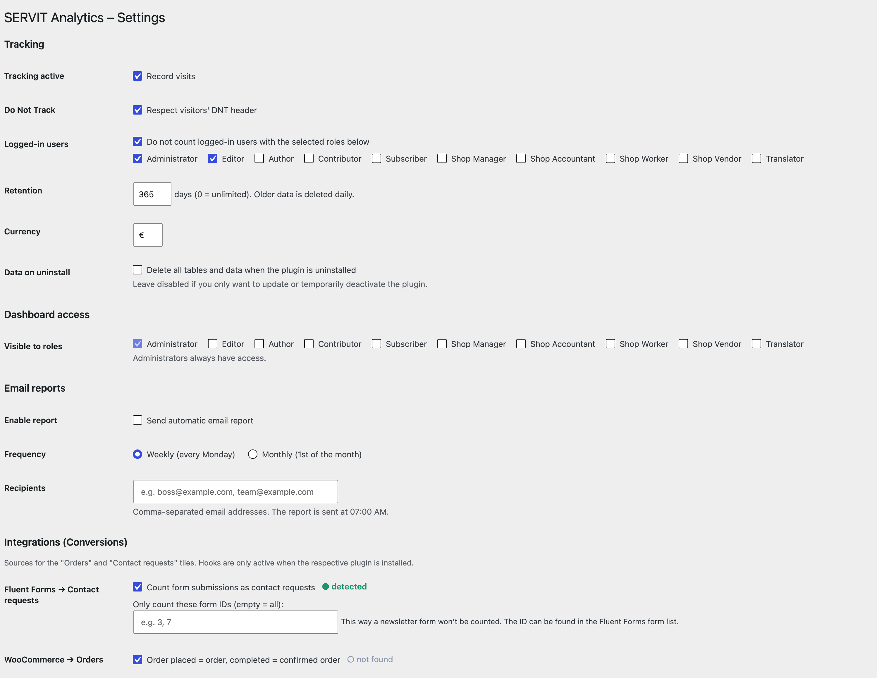 Settings page with tracking options, integrations and page-type rules.