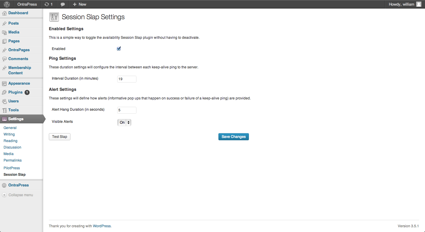 Settings page where you can change details such as interval amount and alert visibility settings