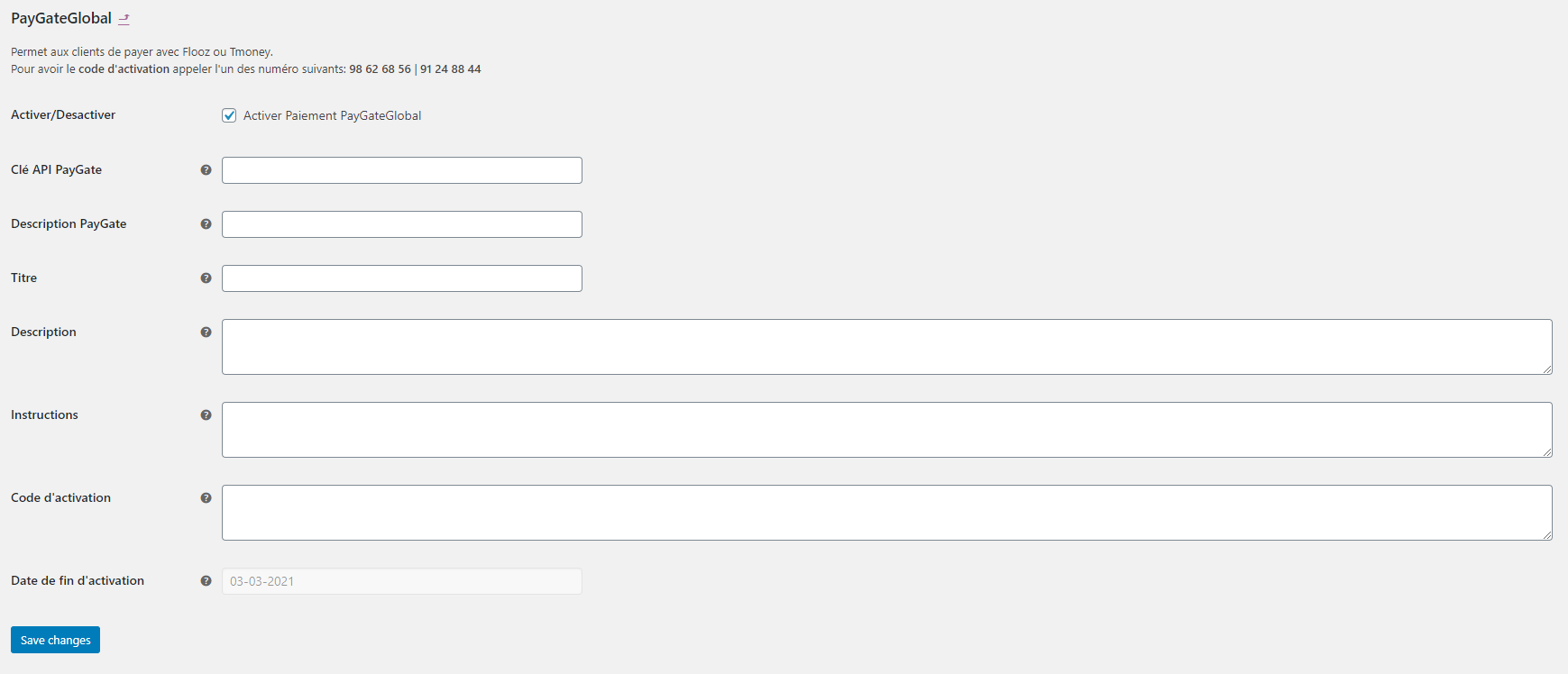 Le formulaire de configuration du plugin.