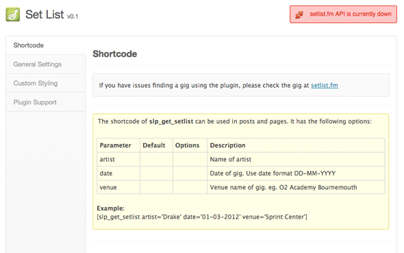 Screenshot of the shortcode settings panel.
