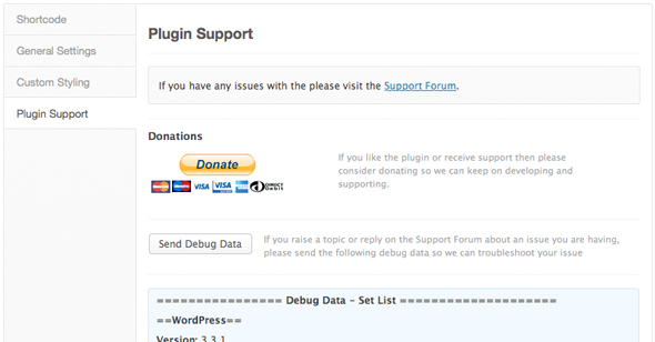 Screenshot of the plugin support settings panel.