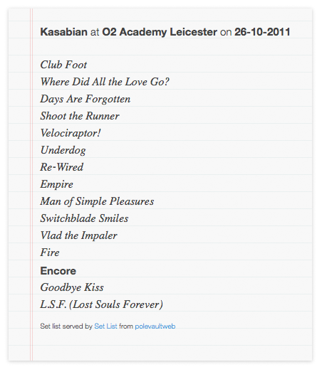 Screenshot of a set list used in a post.