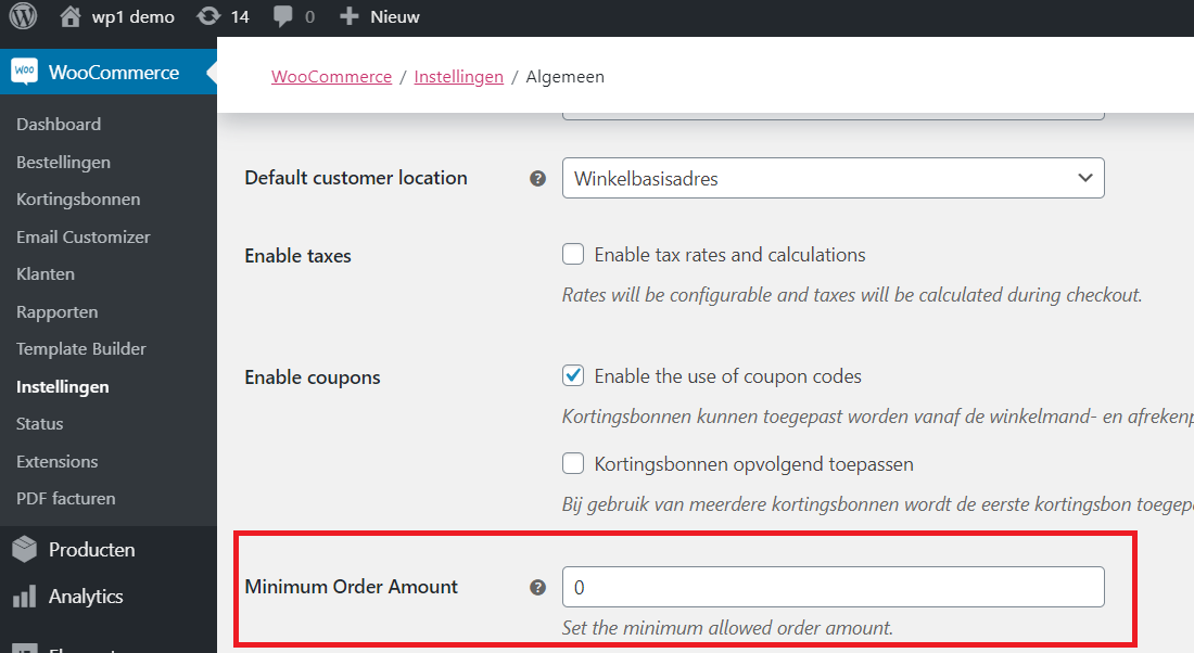 Woocommerce General settings menu