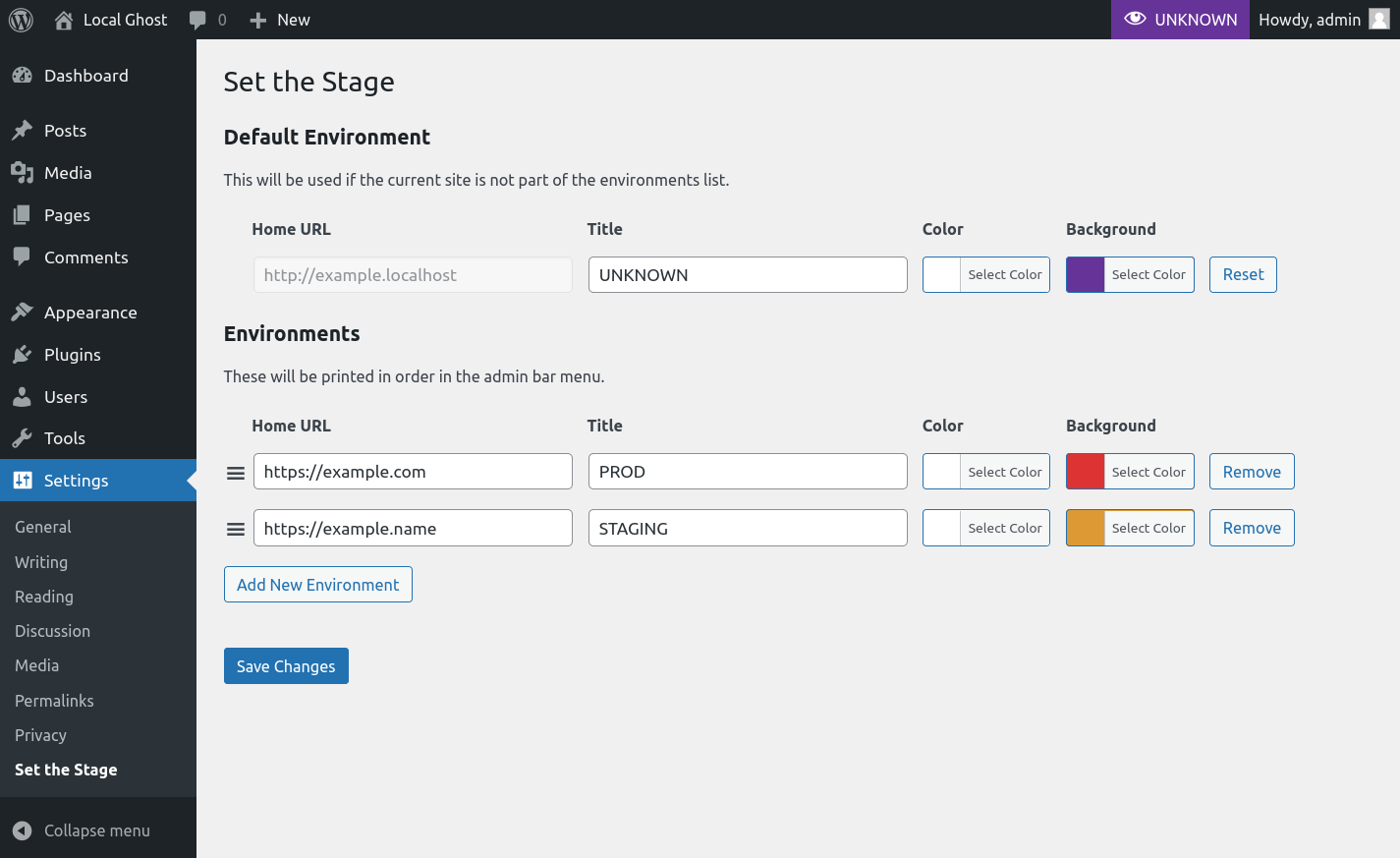 The settings page