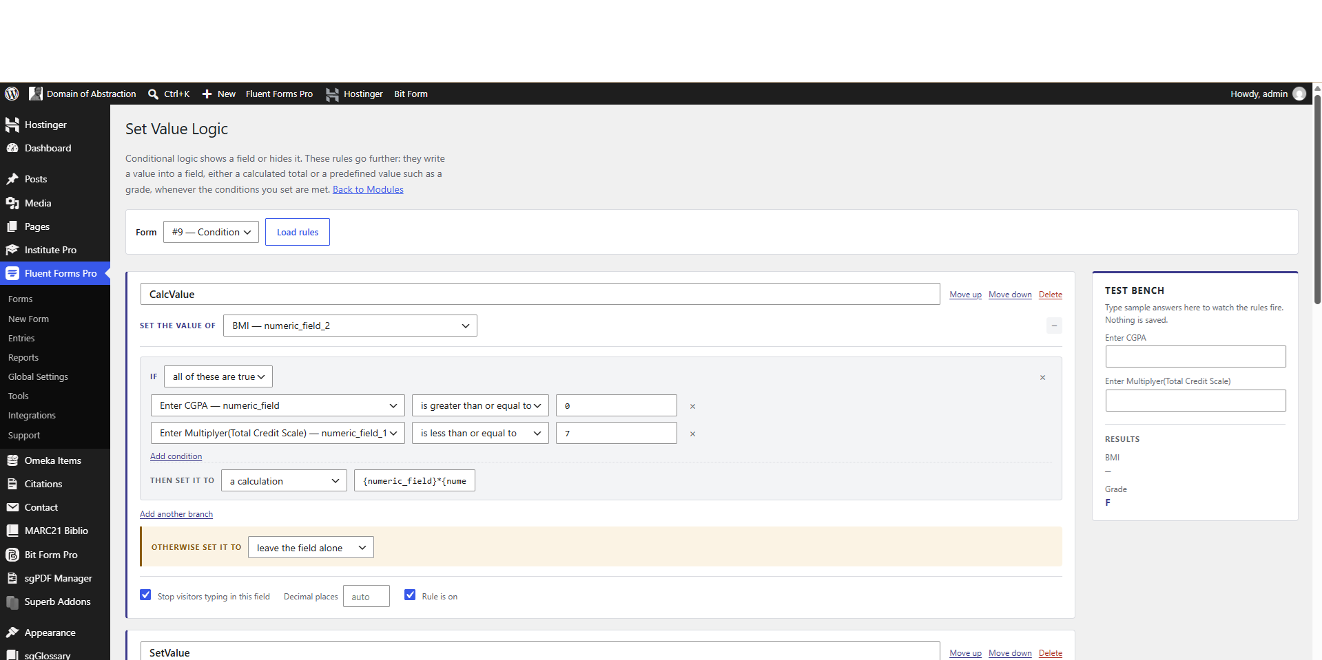 The rule builder, with a calculation rule and a grade rule.