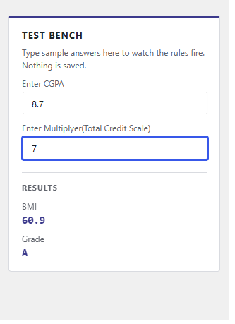 The test bench resolving a grade from sample marks and credits.