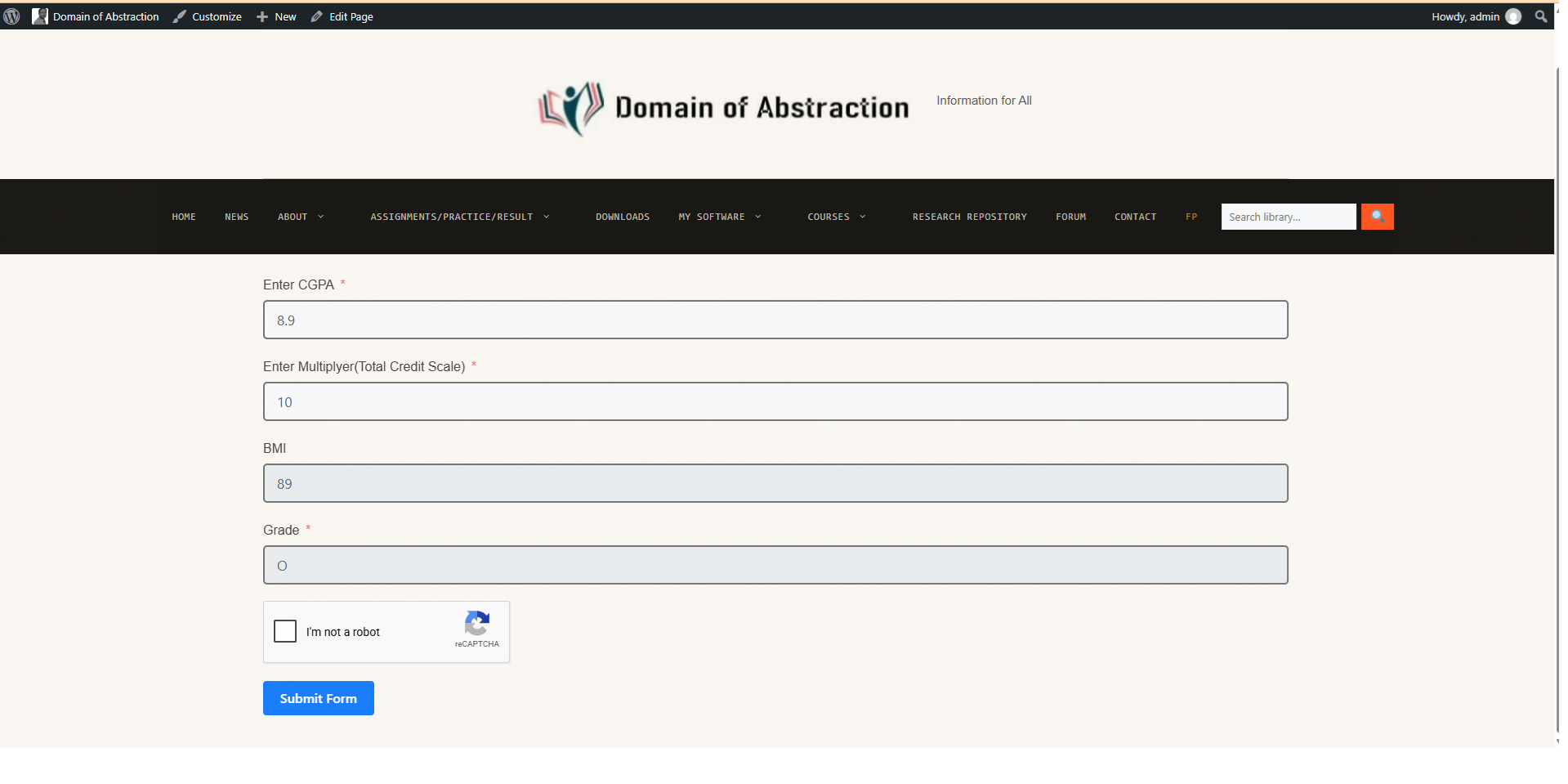 A form filling in the calculated value and grade as the visitor types.