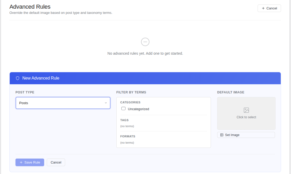 **Post Type Controls** — Choose which post types the default image should apply to.