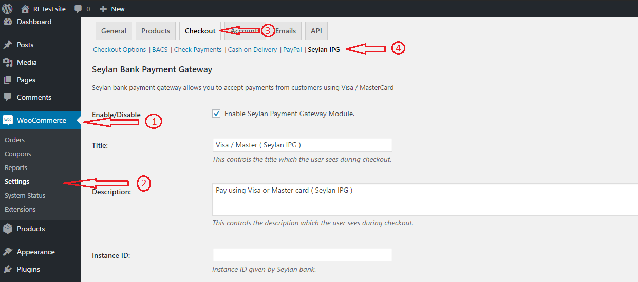 Enter all the Payment gateway details provided by Seylan bank in the above shown panel.