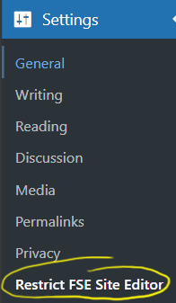 Menu item of this plugin on Settings > Restrict FSE Site Editor