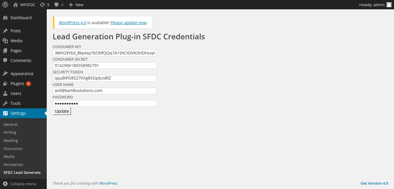 screenshot-2.png shows the backend showing SFDC Lead Generation plugin in plugin list