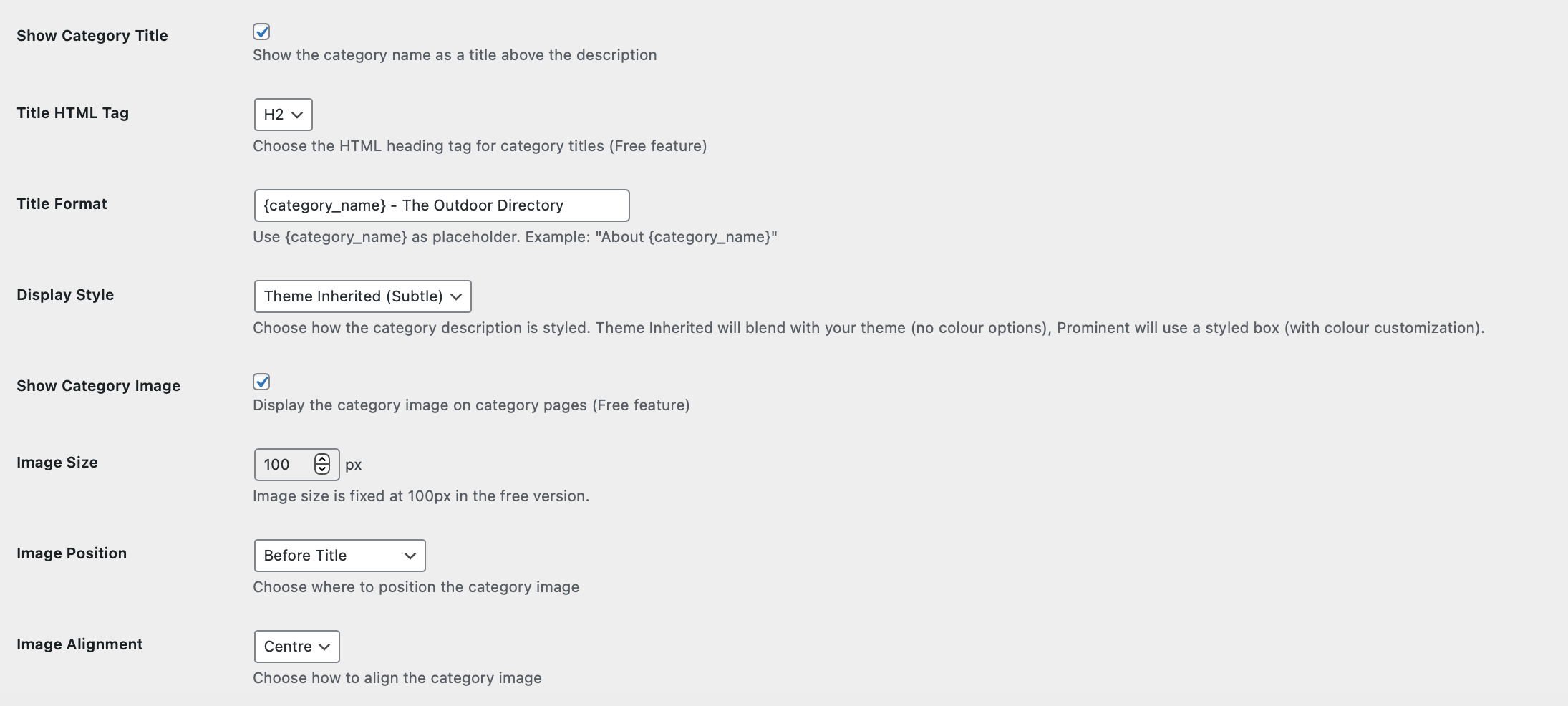 Settings page showing layout and display options - Plugin configuration options