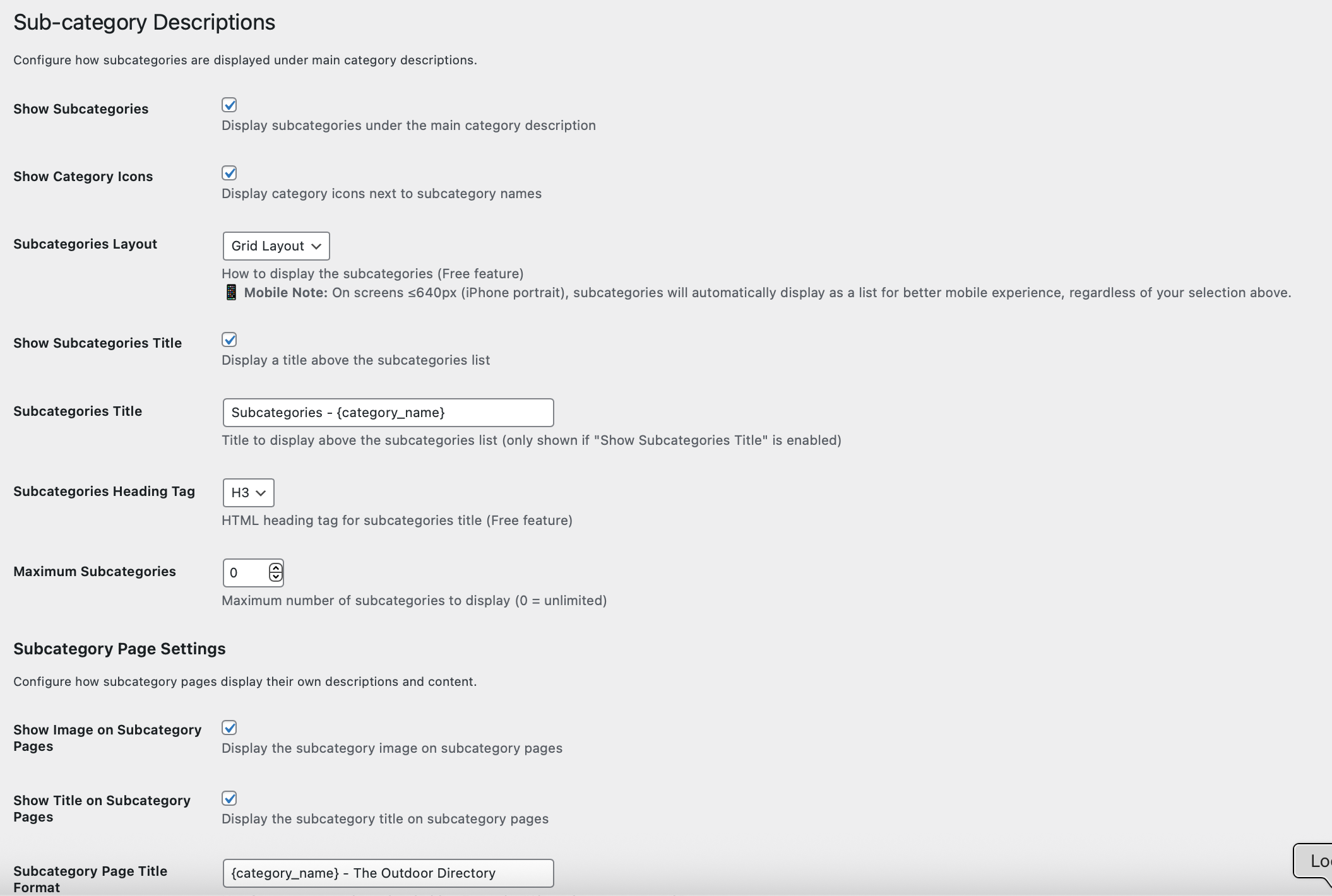 Subcategory display - Grid layout with icons and descriptions