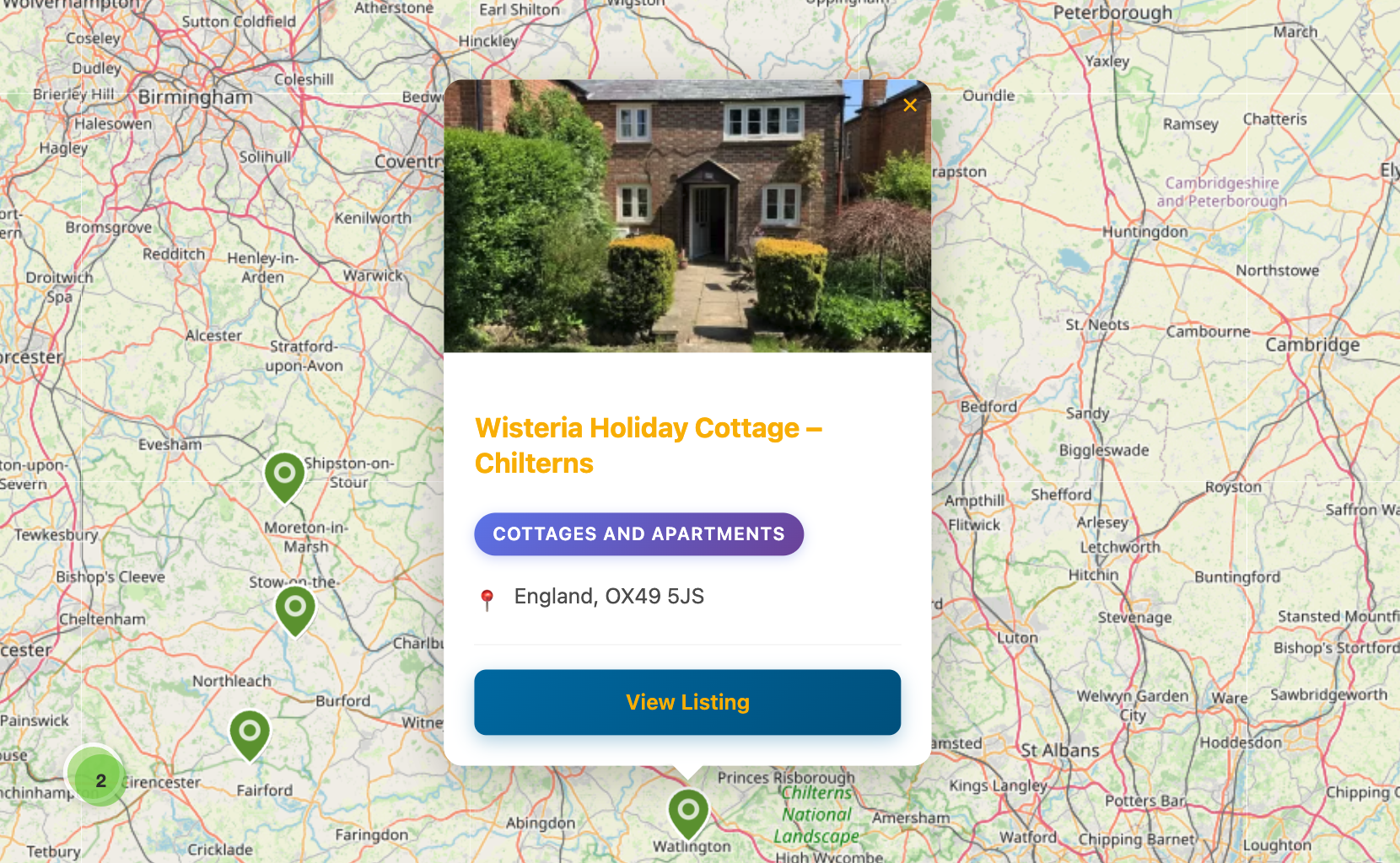 Rich popup with listing details, images, and contact information