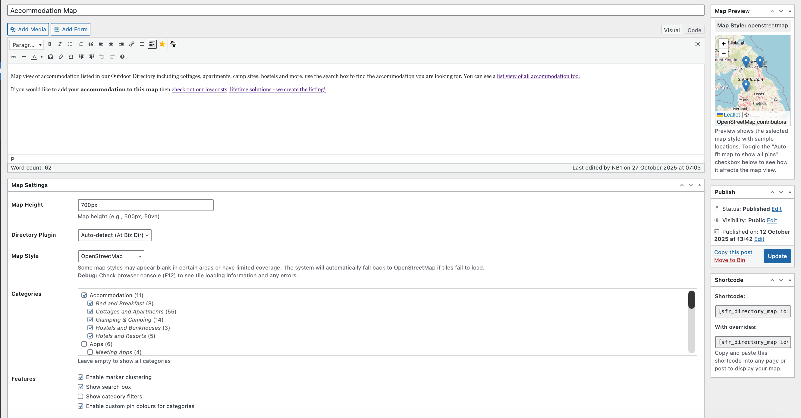 Admin settings page with map configuration options