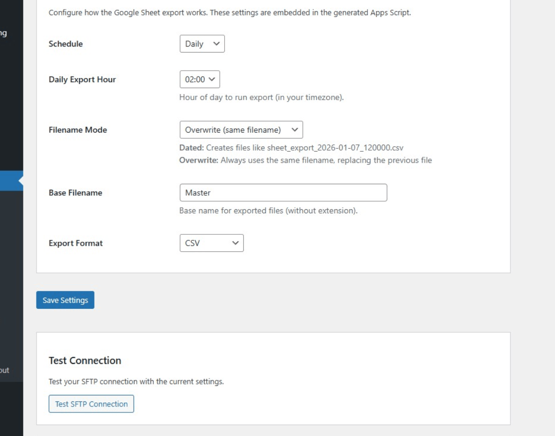 Export settings with schedule, filename mode, and format options