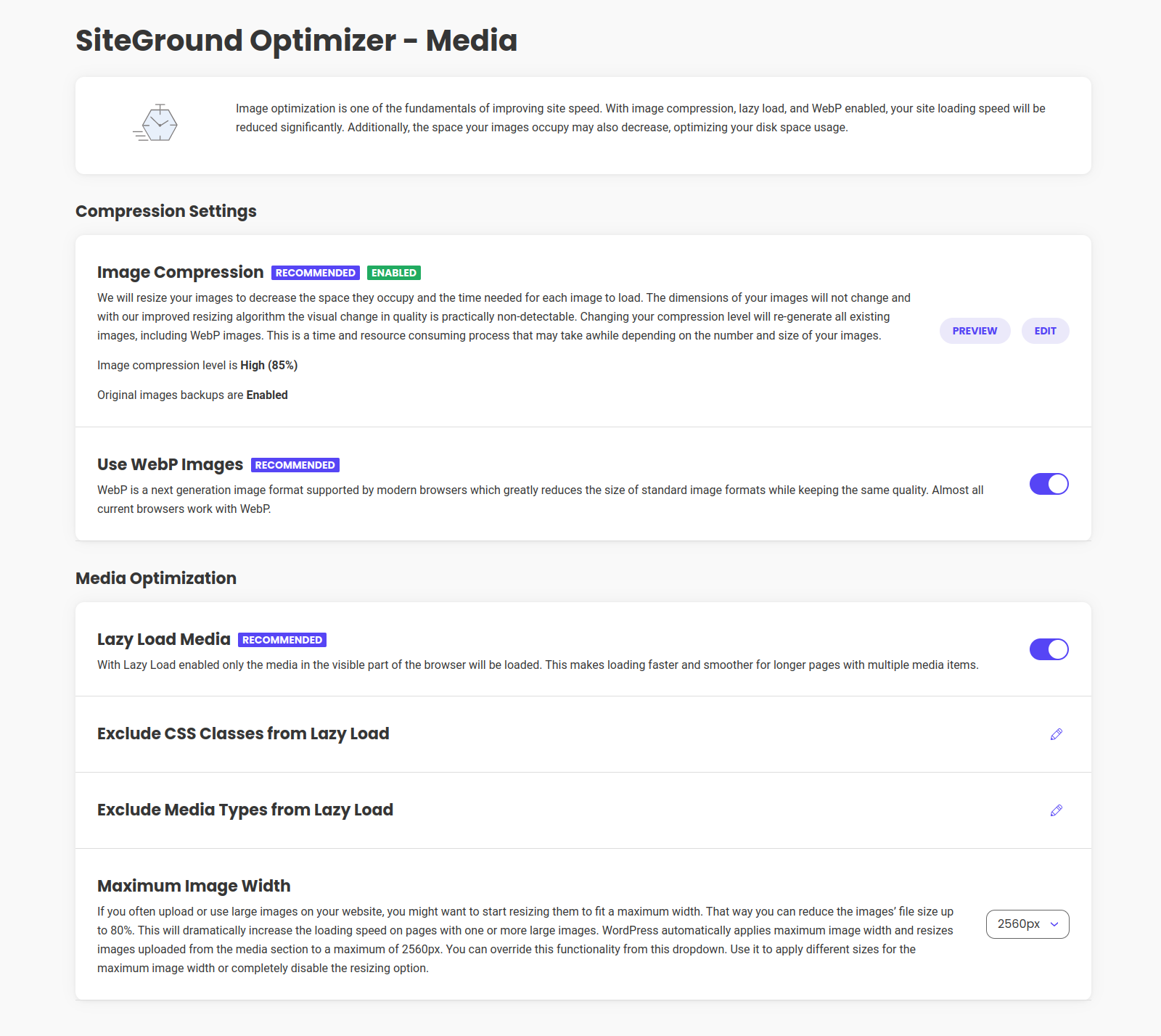 The SiteGround Optimizer Media Page allows you to optimize your Media Library images, as well as adds Lazy Loading functionality for your site.