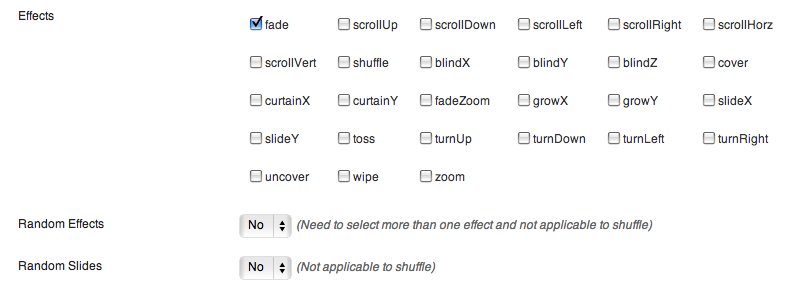 **jQuery Cycle Effects** - You can change the slideshow effects easily.