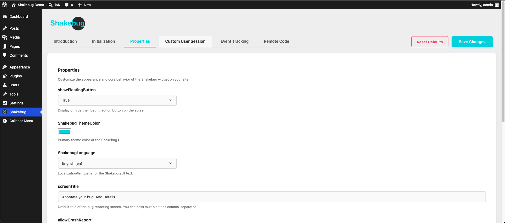 The properties dashboard to customize the widget's appearance.