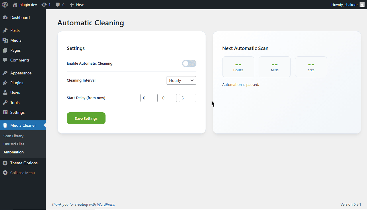 The Automation Control panel with the live countdown timer.
